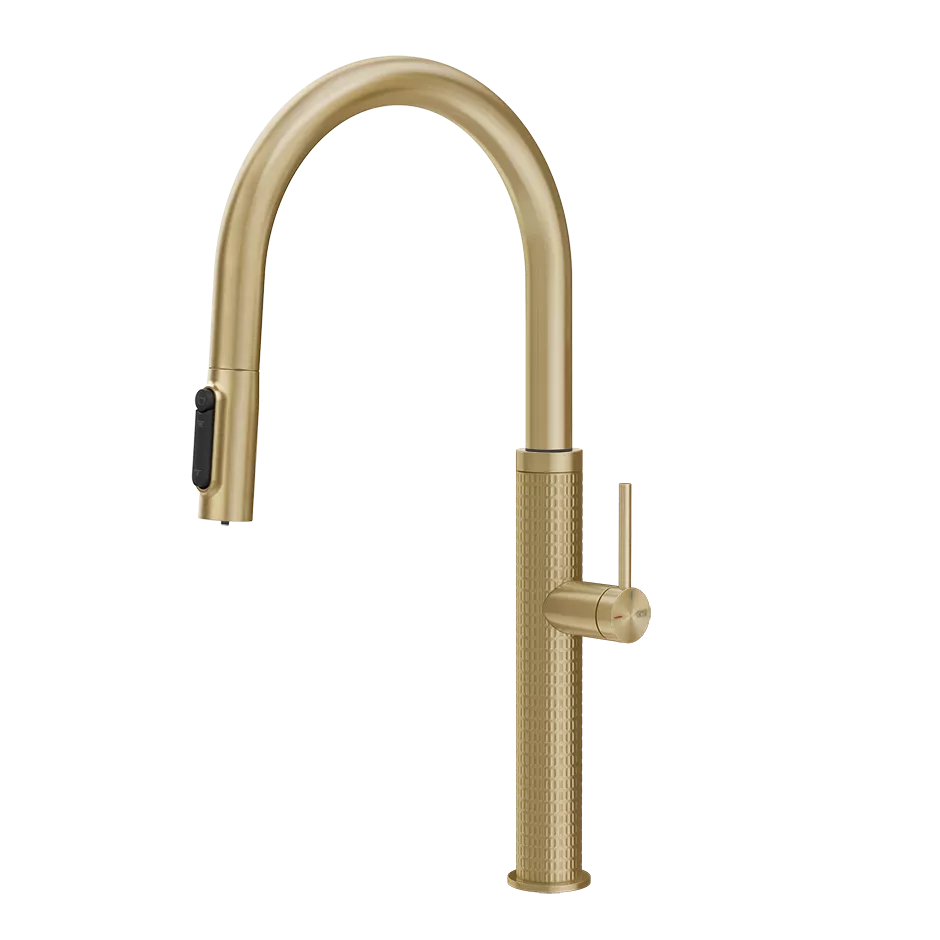 Gessi 316 FILTERED Einhebelmischer mit Schwenkarm und Auszugsbrause mit 2 Strahlfunktionen, mit Filterwasserfunktion, Oberfläche MECCANICA, zur Kombination mit dem Filtrationskit 01595, messing gebürstet PVD - 60824727