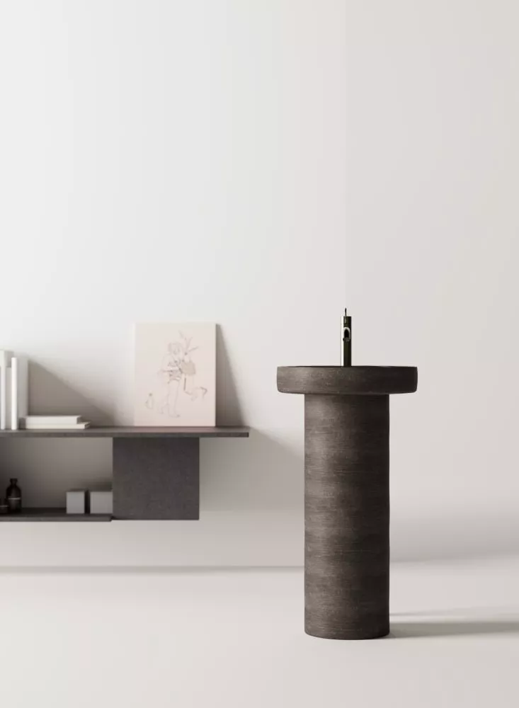 Agape CENOTE freistehendes Waschbecken aus Ton mit flachem Becken und Bodenablauf, Durchmesser: 45cm, inklusive Ablaufgarnitur, dunkler Ton, weitere Farben und als Wandablauf-Version auf Anfrage möglich - ACER0451FTSST