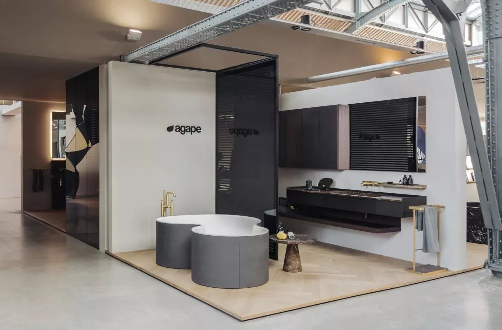 Agape DR Waschtisch zur Wandmontage mit Top und integriertem Waschbecken, Breite: 140,6cm, Tiefe: 50cm, Höhe: 25cm, Waschbecken rechts, Schublade links, Struktur und Front aus Messing brüniert gebürstet, Top aus Naturstein emperador dark - ADRP14DBREDRUBR