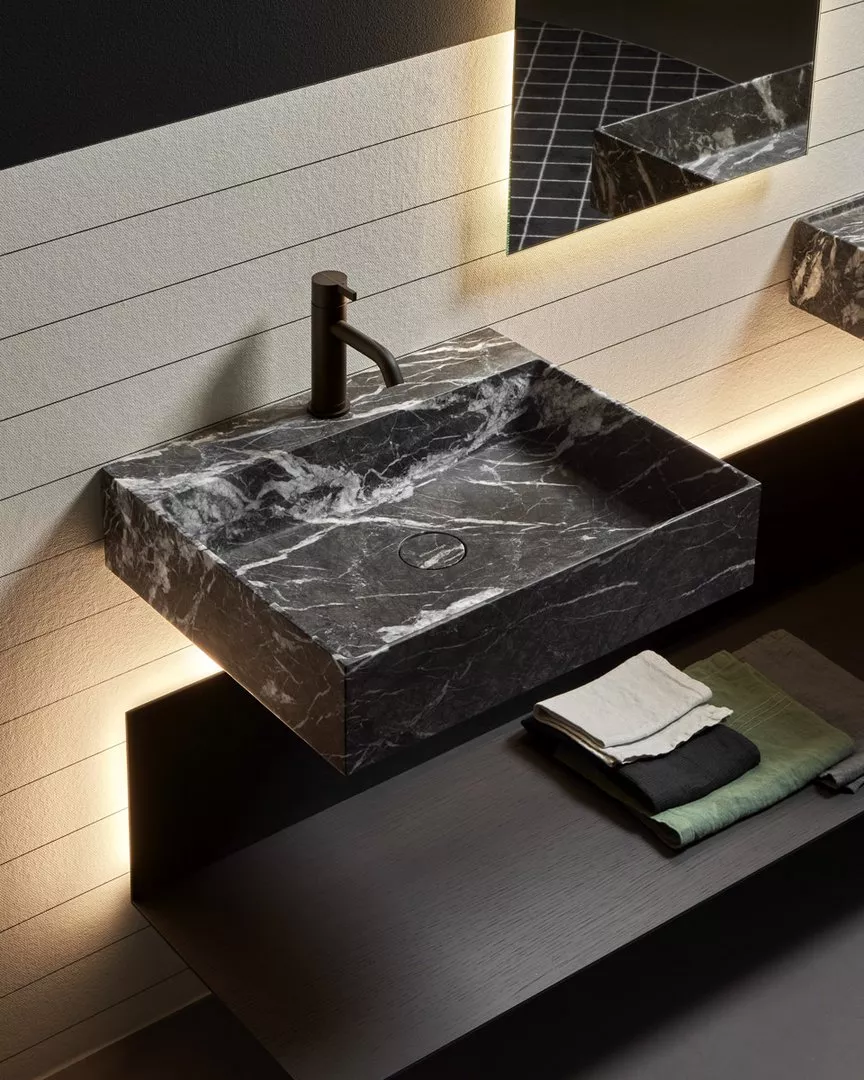 antoniolupi GESTO Wandbecken aus Naturstein, Breite: 54cm, Höhe: 13,2cm, Tiefe: 47cm, mit Hahnloch, grigio lavico-GESTO154-GRIGIOLAVICO-1-0