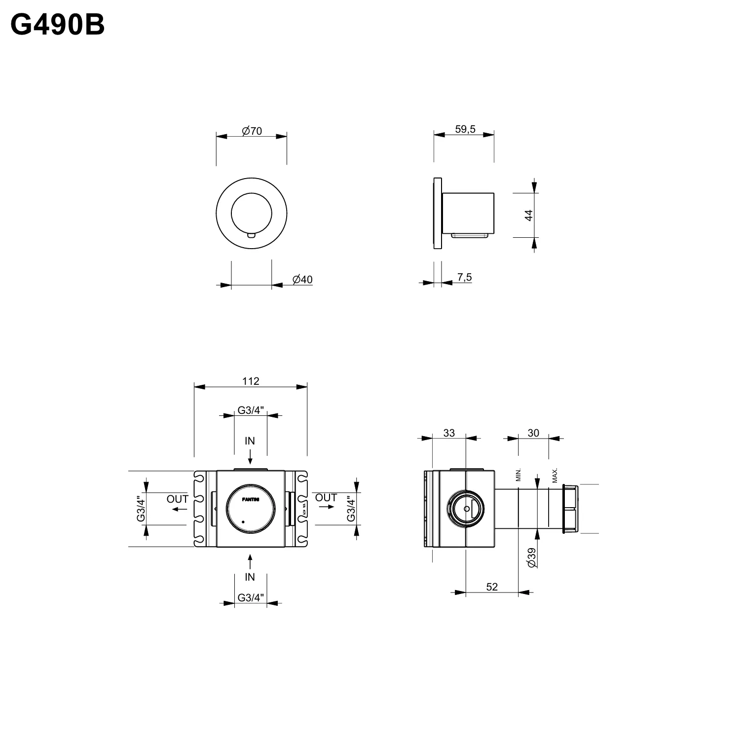 Fantini Absperrventil mit 3/4"-Anschluss und 90°-Keramikventil, edelstahl gebürstet - 8793G490B