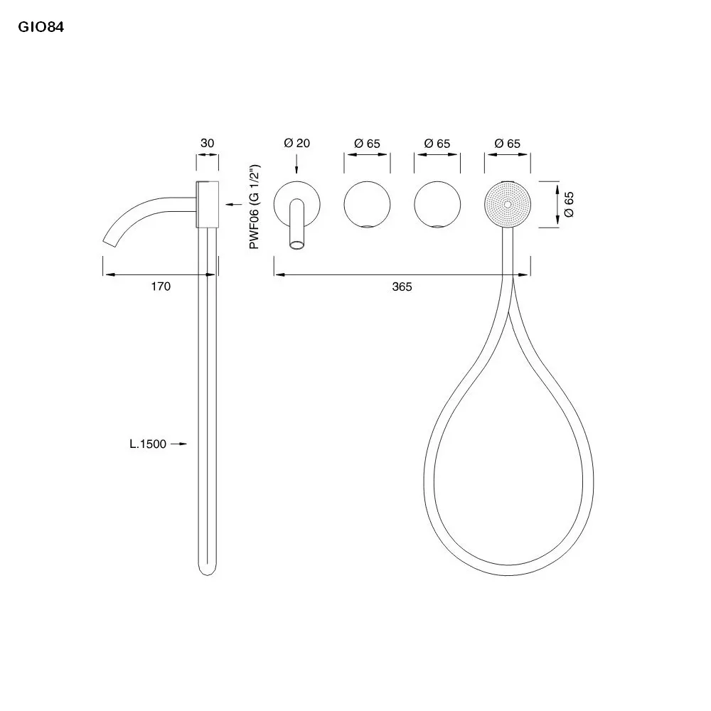 cea GIOTTO PLUS Wand-Wannen-Doppel-Eingriffmischer, Ausladung:170mm mit Rundkopf-Handbrause D:65mm, edelstahl satiniert, Schlauchfarbe weiß-GIO84WS