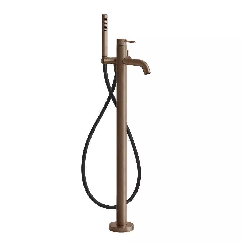 Gessi 316 freistehender Wannenmischer mit Auslauf, schwarzem Schlauch mit 1,50m Länge, Brausehalter, Antikalk-Handbrause und 2-Wege Umsteller, kupfer gebürstet PVD - 54028708