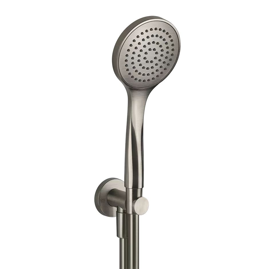 Gessi EMPORIO Brause-Set zur Wandmontage, mit Halterung, Schlauch 1,50m, Wandanschlussbogen und Antikalk-Handbrause, Durchmesser: 100mm, 1/2 Anschluss, Finox Optik - 38723149