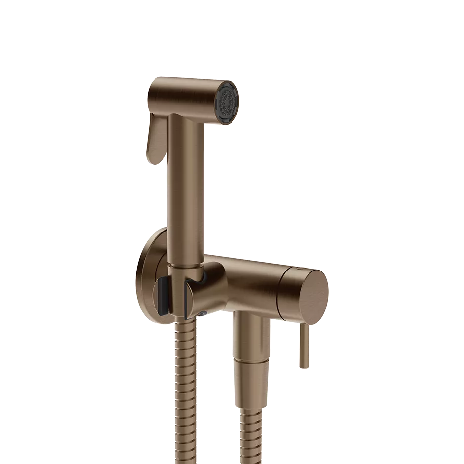 Gessi ANELLO Hygiene-Shut-Off-Handbrause zur Wandmontage, 1-Strahl, mit Einhebelmischer, Brausehalter inklusive Kaltwasserabsperrung und Wandanschlussbogen, 1/2 Anschluss, coffee bronze gebürstet PVD - 45227761