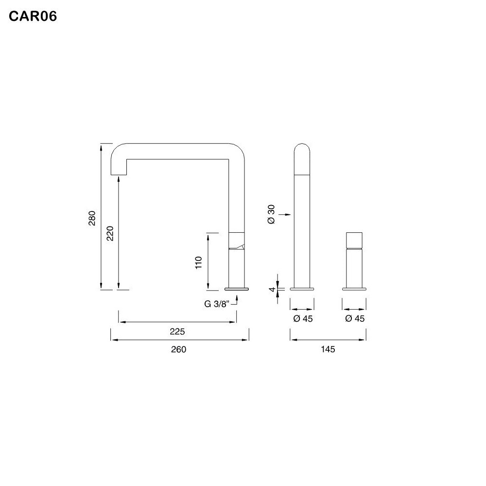 ceadesign CARTESIO Zweiloch-Mischer mit schwenkbarem Auslauf, Ausladung: 225mm, edelstahl satiniert-CAR06S