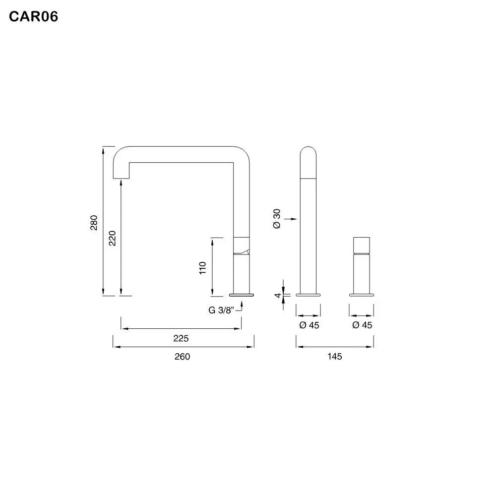 ceadesign CARTESIO Zweiloch-Mischer mit schwenkbarem Auslauf, Ausladung: 225mm, edelstahl satiniert-CAR06S