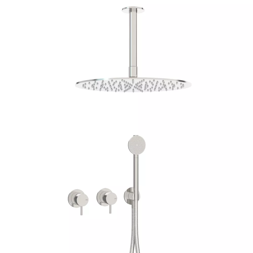 ceadesign MILO360 Wand-Brause-Doppel-Eingriffmischer mit Rundkopfhandbrause D:65mm und Deckenregenbrause FRE35, edelstahl satiniert