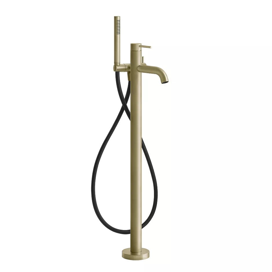 Gessi 316 freistehender Wannenmischer mit Auslauf, schwarzem Schlauch mit 1,50m Länge, Brausehalter, Antikalk-Handbrause und 2-Wege Umsteller, messing gebürstet PVD - 54028727 Gessi 316 freistehender Wannenmischer mit Auslauf, schwarzem Schlauch mit 1,50m Länge, Brausehalter, Antikalk-Handbrause und 2-Wege Umsteller, messing gebürstet PVD - 54028727
