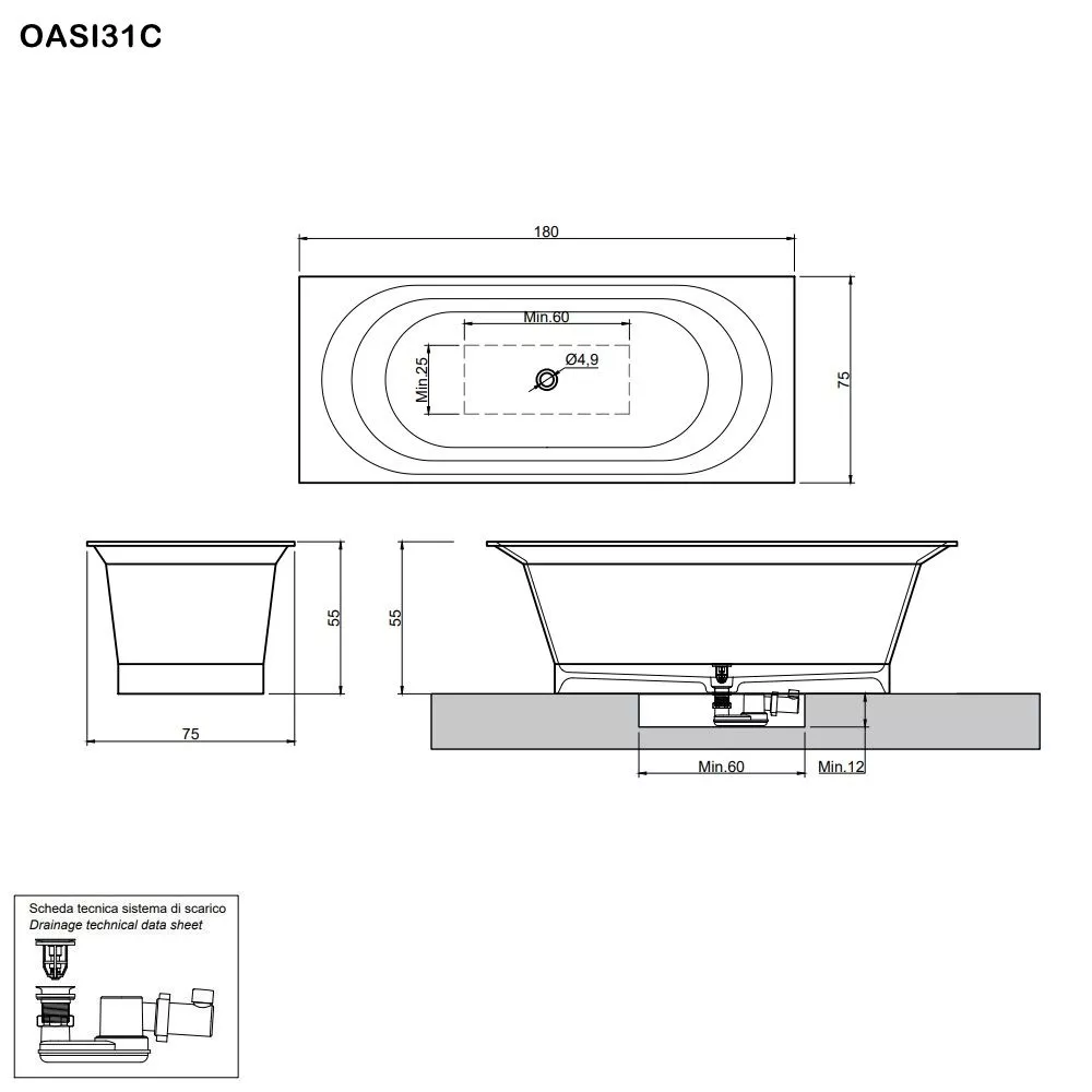 antoniolupi OASI rechteckige Einbau- oder freistehende Badewanne aus Cristalplant®, Breite: 180cm, Tiefe: 75cm, weiß matt-OASI31C
