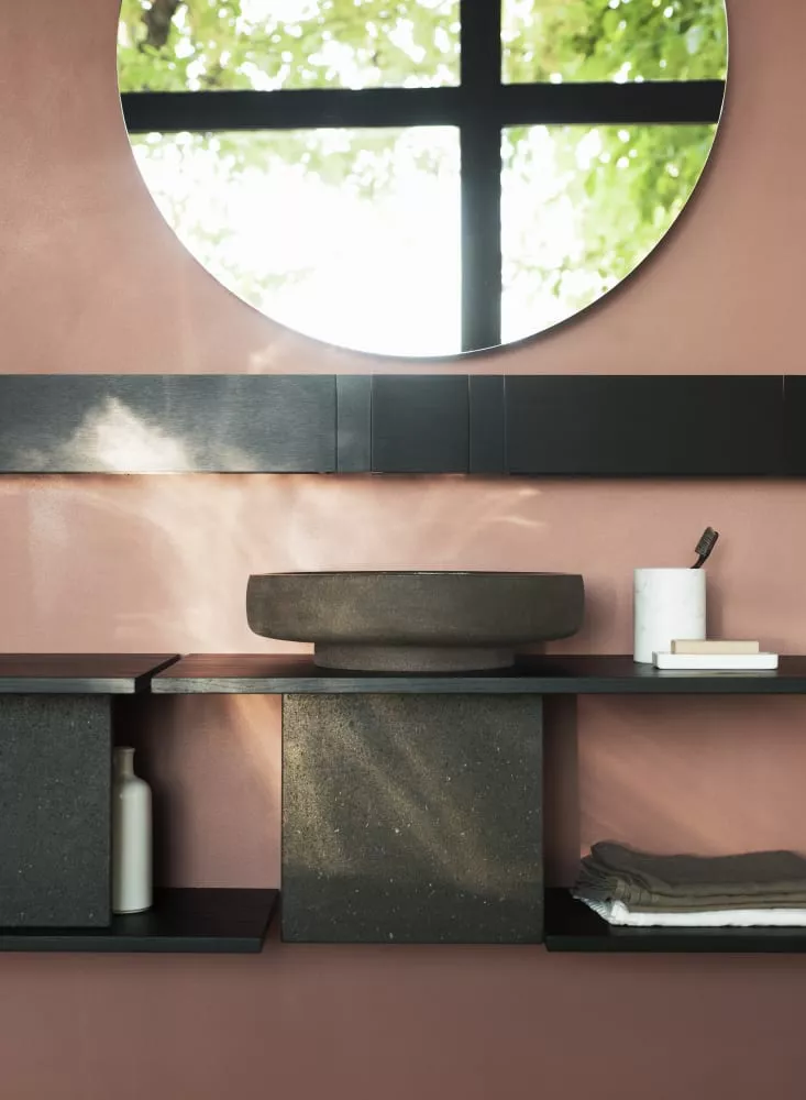 Agape CENOTE tiefes Aufsatzbecken aus Ton, Durchmesser: 42cm, inklusive Ablaufgarnitur, dunkler Ton, weitere Farben auf Anfrage möglich - ACER0420TSST