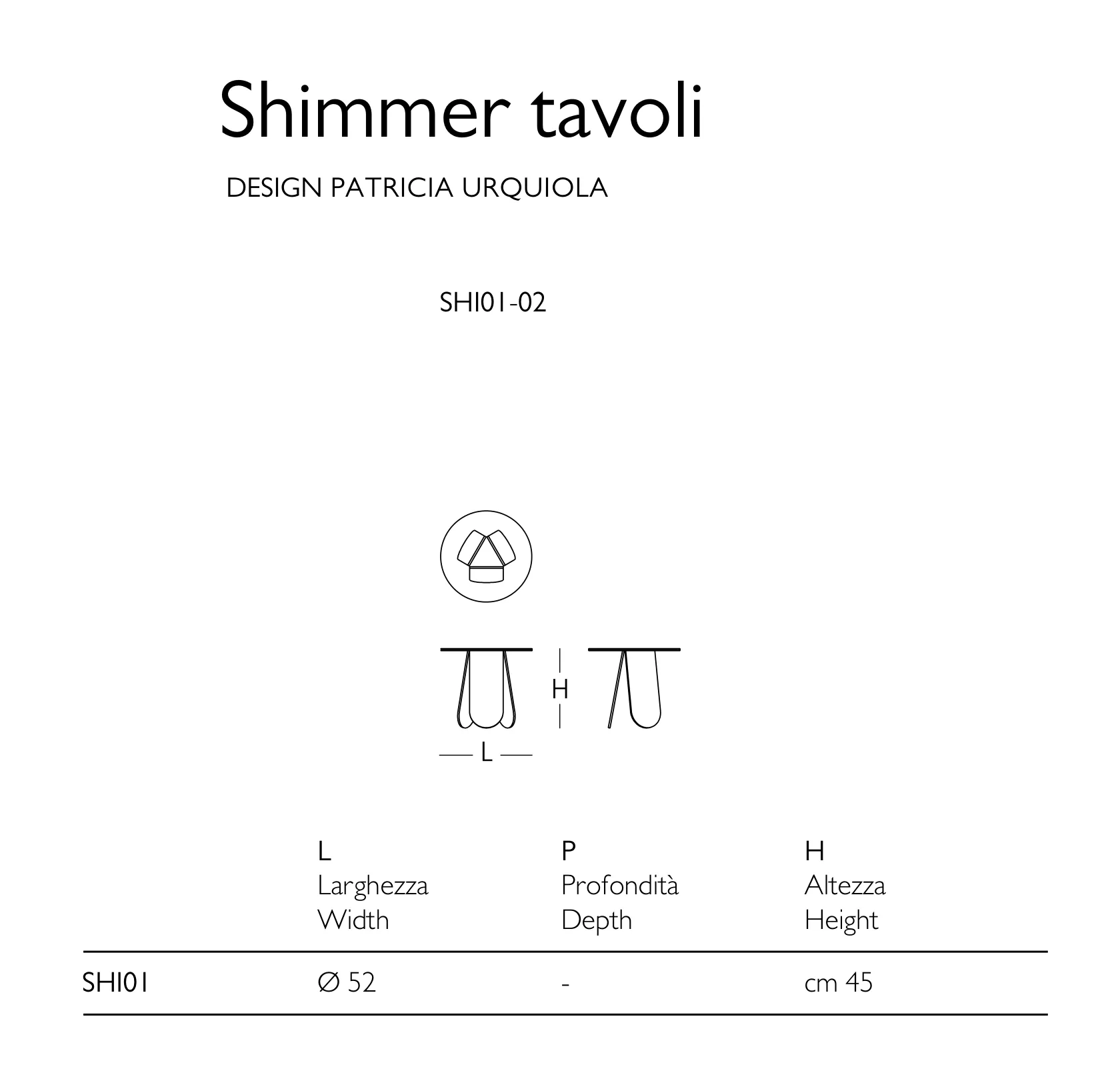 Glas Italia Shimmer - mehrfarbig schillernd - Maßzeichnung Glas Italia Shimmer SHI01: Originalmaßzeichnung, Ø 52 cm, Höhe 45 cm