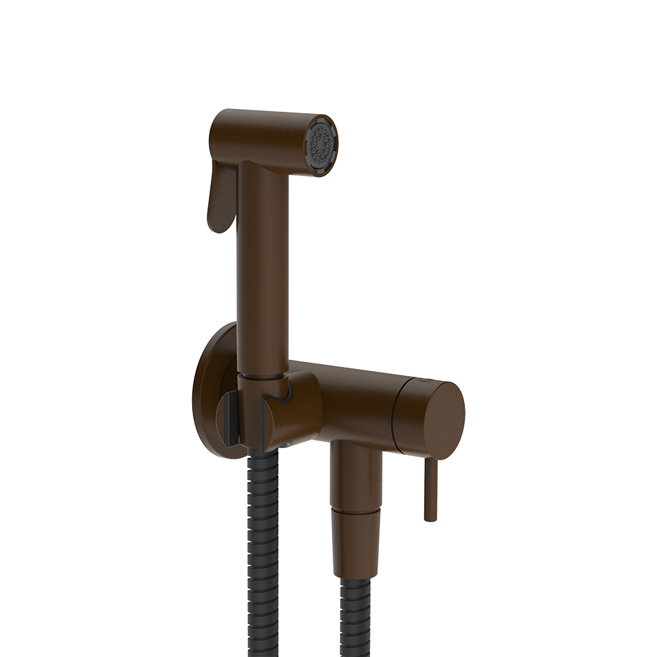 Gessi ANELLO Hygiene-Shut-Off-Handbrause zur Wandmontage, 1-Strahl, mit Einhebelmischer, Brausehalter inklusive Kaltwasserabsperrung und Wandanschlussbogen, 1/2 Anschluss, dunkles bronze - 45227845