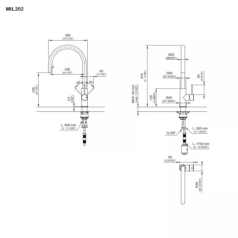 cea MIL 202 Küchen-Eingriffmischer mit Schwenkauslauf und Pull-down Handbrause, edelstahl satiniert-MIL202S, edelstahl satiniert-MIL202S