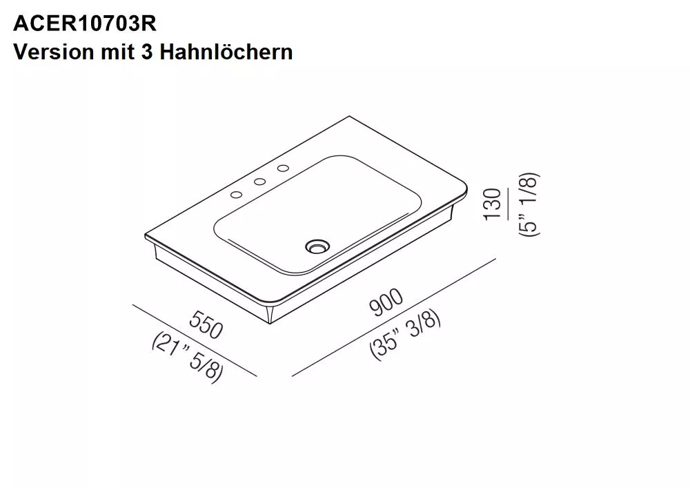 Agape NOVECENTO XL Wandbecken aus Ceramilux®, Breite: 90cm, Tiefe: 55cm, Höhe: 13cm, mit 3 Hahnlöchern, Farbe innen weiß matt, Farbe außen hellgrau - ACER10703RBL