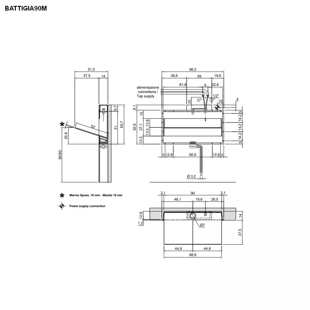 antoniolupi BATTIGIA Wandeinbaubecken mit Marmorplatte, B:90cm, mit LED-Beleuchtung, bianco cararra-BATTIGIA90MLMC