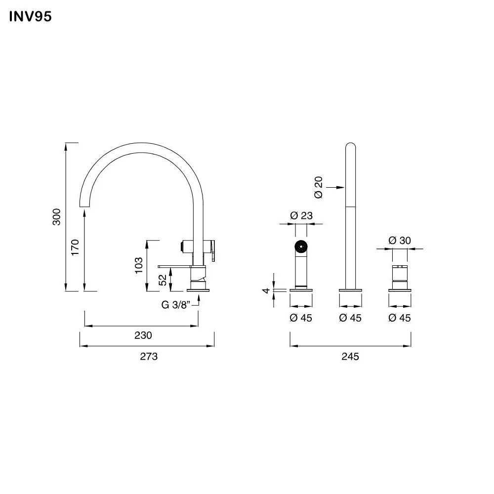 ceadesign INNOVO Dreilocharmatur mit schwenkbarem Auslauf und herausziehbarer Handbrause, Ausladung: 230mm, automatischer Umsteller, edelstahl satiniert-INV95S
