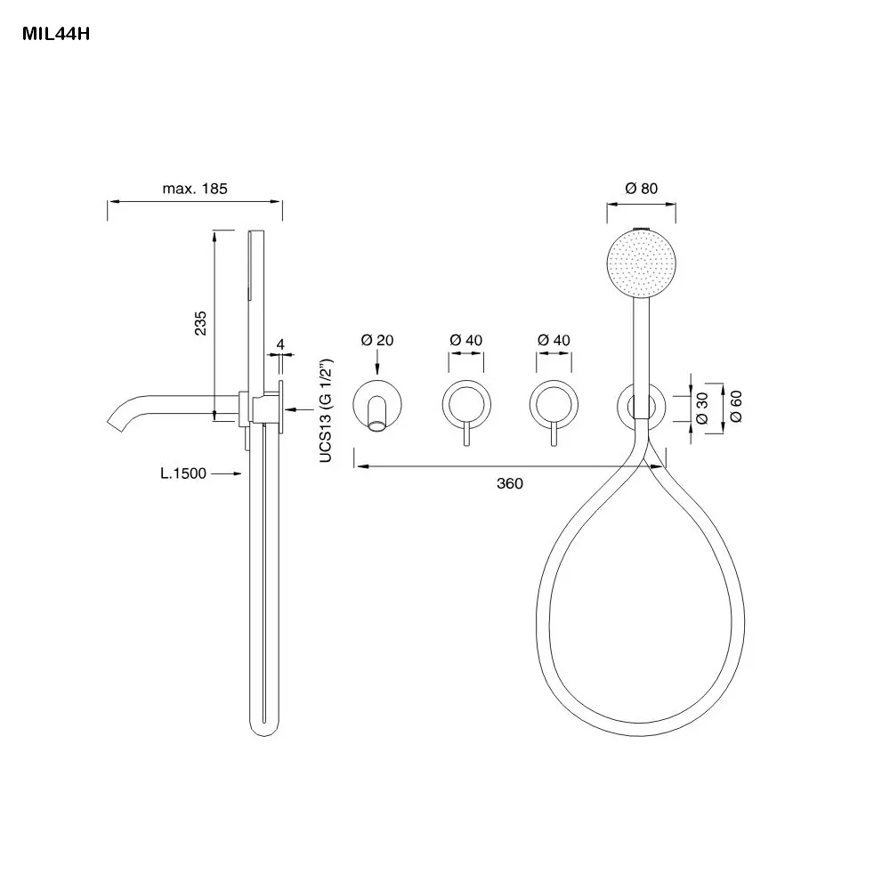 cea MIL 44H Wand-Wannen-Doppel-Eingriffmischer, Ausladung: 185mm mit Rundkopf-Handbrause, Durchmesser: 80mm, Schlauchfarbe weiß nach RAL 9016, kupfer satiniert - MIL44HWPS cea MIL 44H Wand-Wannen-Doppel-Eingriffmischer, Ausladung: 185mm mit Rundkopf-Handbrause, Durchmesser: 80mm, Schlauchfarbe weiß nach RAL 9016, kupfer satiniert - MIL44HWPS
