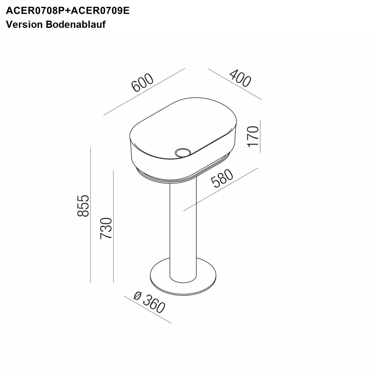 Agape IMMERSION freistehendes Waschbecken mit Bodenablauf, Breite: 60cm, Tiefe: 40cm, Höhe: 85,5cm, inklusive Ablaufgarnitur, Säule aus schwarz matt lackiertem Metall, Becken aus Cristalplant®, weiß matt - ACER0708PZZ+ACER0709E